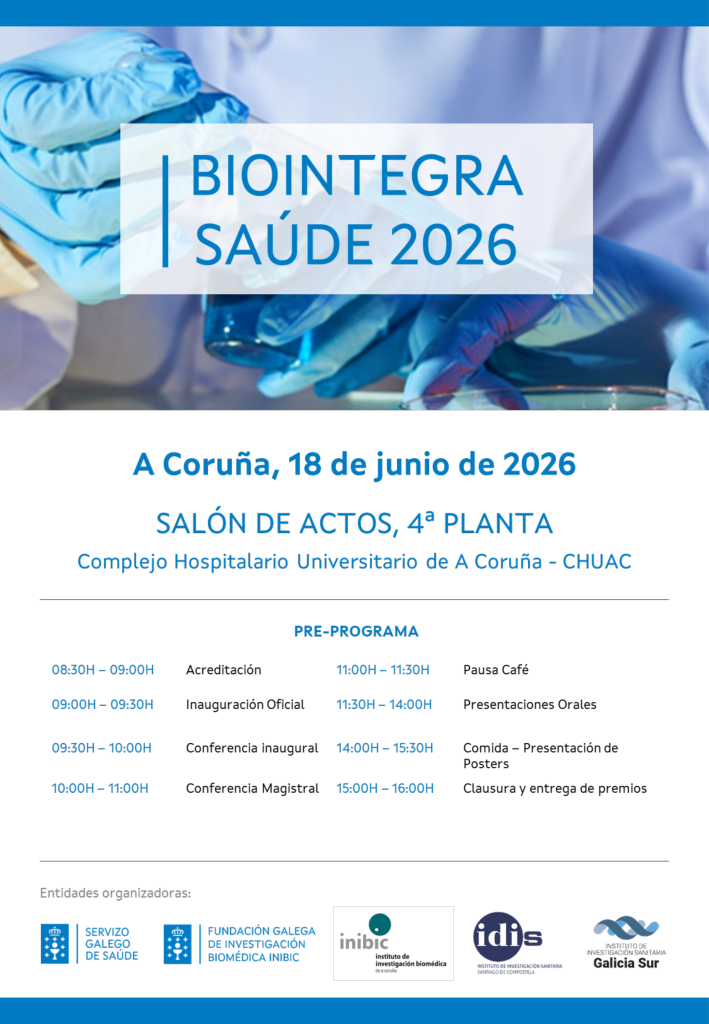 08:30H – 09:00H Acreditación 09:00H – 09:30H Inauguración Oficial 09:30H – 10:00H Conferencia inaugural 10:00H – 11:00H Conferencia Magistral 11:00H – 11:30H Pausa Café 11:30H – 14:00H Presentaciones Orales 14:00H – 15:30H Comida – Presentación de Pósters 15:00H – 16:00H Clausura y entrega de premios